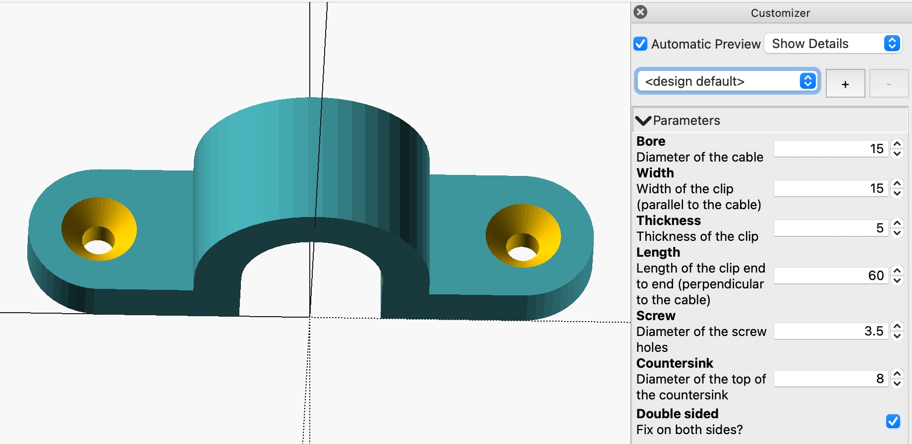 A cable clip model in OpenSACD Customizer