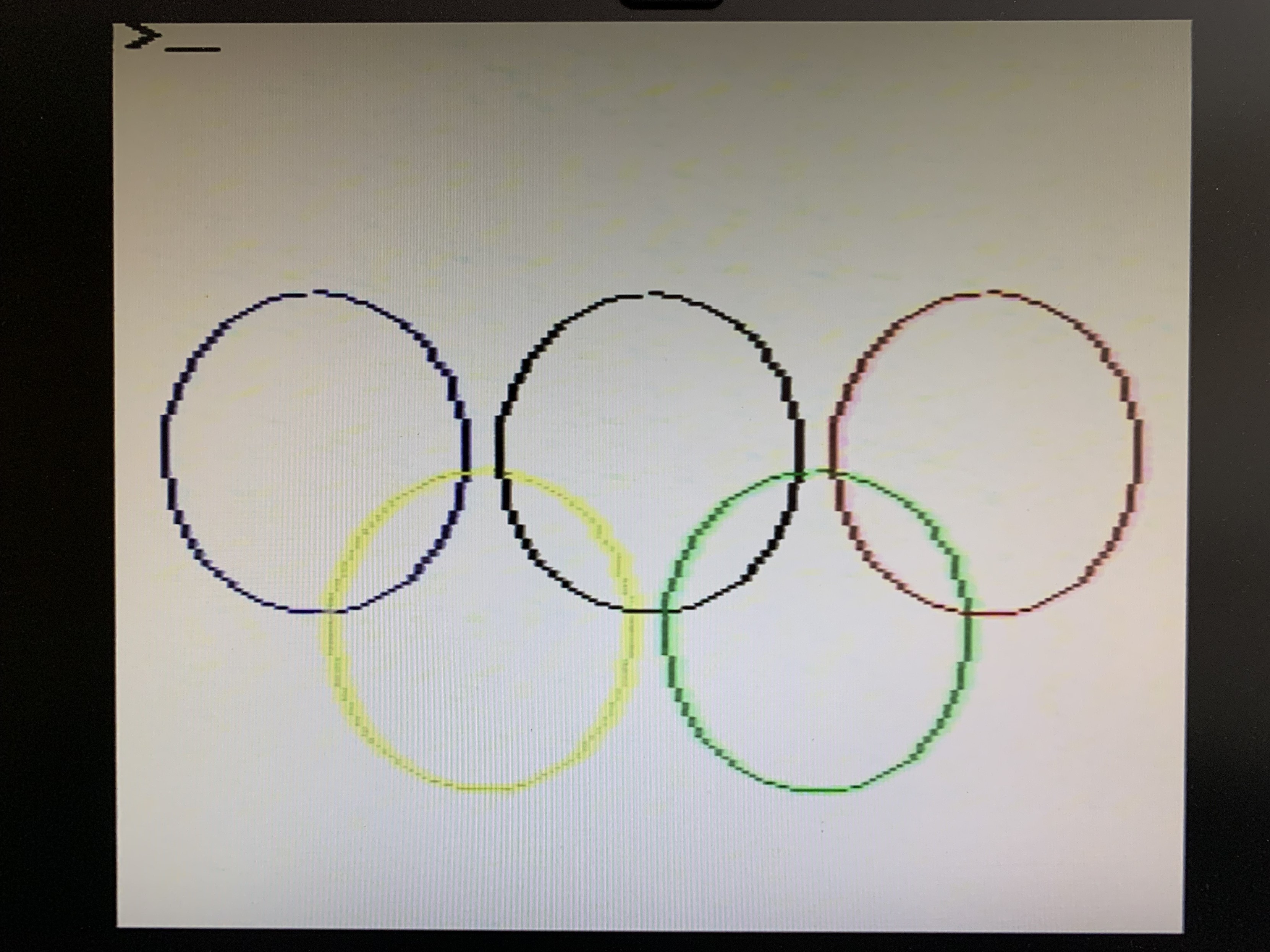 The Olympic rings, rendered on an actual Acorn Electron. Still not endorsed by the IOC.